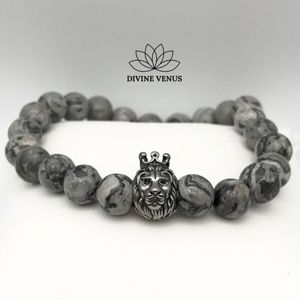 Picasso Jasper Stone Lion Charm Stretch Bracelet